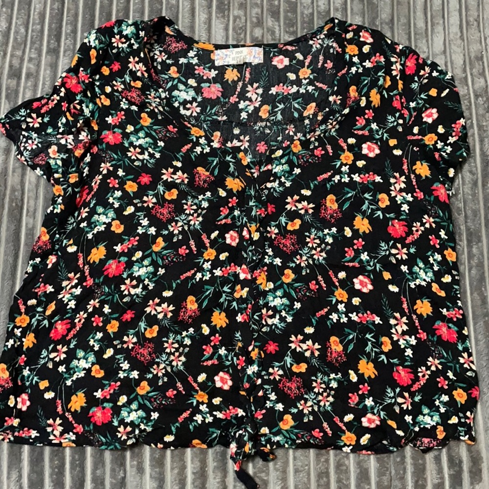 Black shirt with multicolored flowers